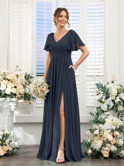 A-Line V-Neck Short Sleeves Split Side Chiffon Bridesmaid Dresses with Pockets