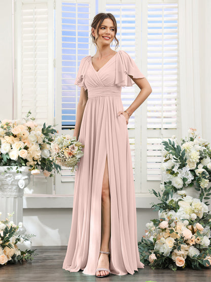 A-Line V-Neck Short Sleeves Split Side Chiffon Bridesmaid Dresses with Pockets