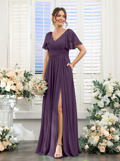 A-Line V-Neck Short Sleeves Split Side Chiffon Bridesmaid Dresses with Pockets