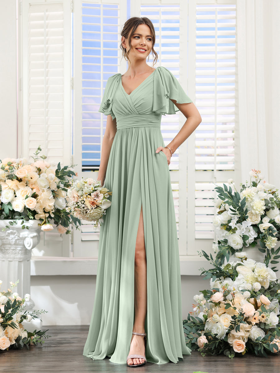 A-Line V-Neck Short Sleeves Split Side Chiffon Bridesmaid Dresses with Pockets