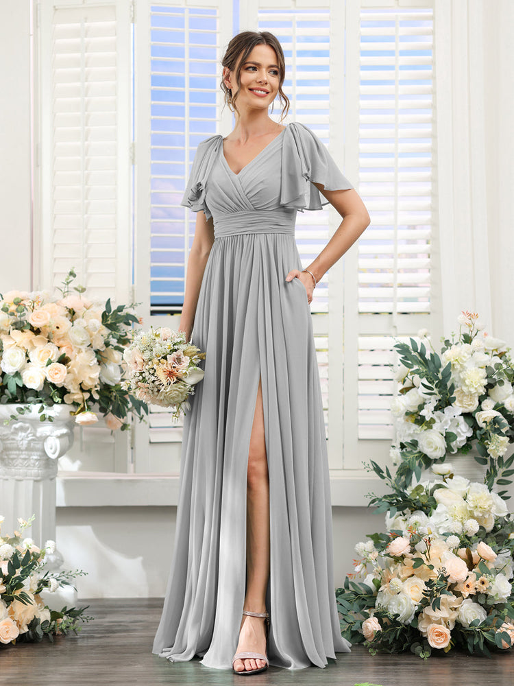 A-Line V-Neck Short Sleeves Split Side Chiffon Bridesmaid Dresses  with-Lavetir