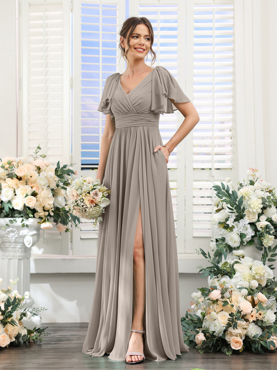 A-Line V-Neck Short Sleeves Split Side Chiffon Bridesmaid Dresses with Pockets