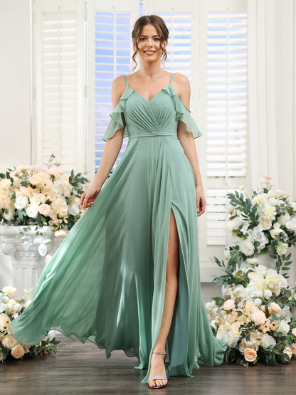 A-Line V-Neck Spaghetti Straps Short Sleeves Split Side Chiffon Bridesmaid Dresses