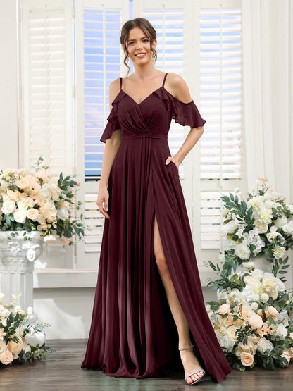 A-Line V-Neck Spaghetti Straps Short Sleeves Split Side Chiffon Bridesmaid Dresses