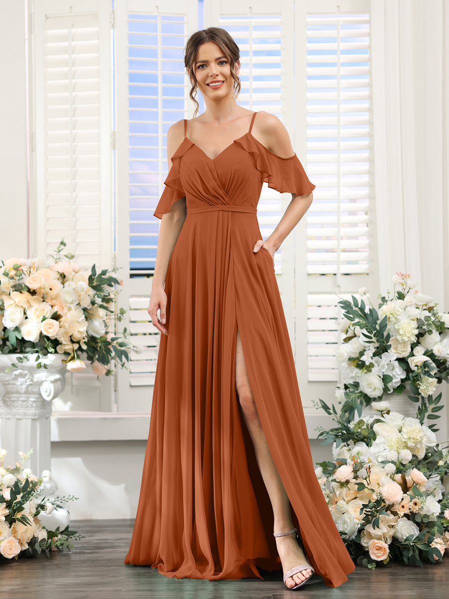 A-Line V-Neck Spaghetti Straps Short Sleeves Split Side Chiffon Bridesmaid Dresses