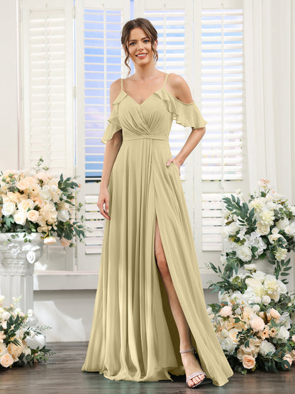 A-Line V-Neck Spaghetti Straps Short Sleeves Split Side Chiffon Bridesmaid Dresses