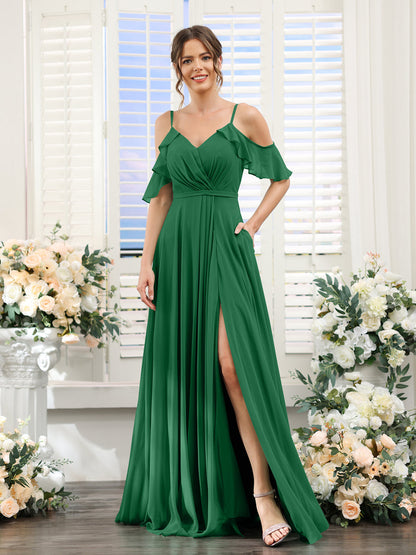 A-Line V-Neck Spaghetti Straps Short Sleeves Split Side Chiffon Bridesmaid Dresses