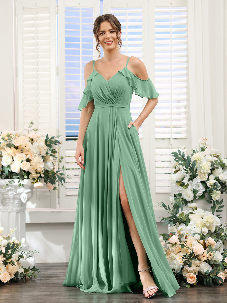 A-Line V-Neck Spaghetti Straps Short Sleeves Split Side Chiffon Bridesmaid Dresses