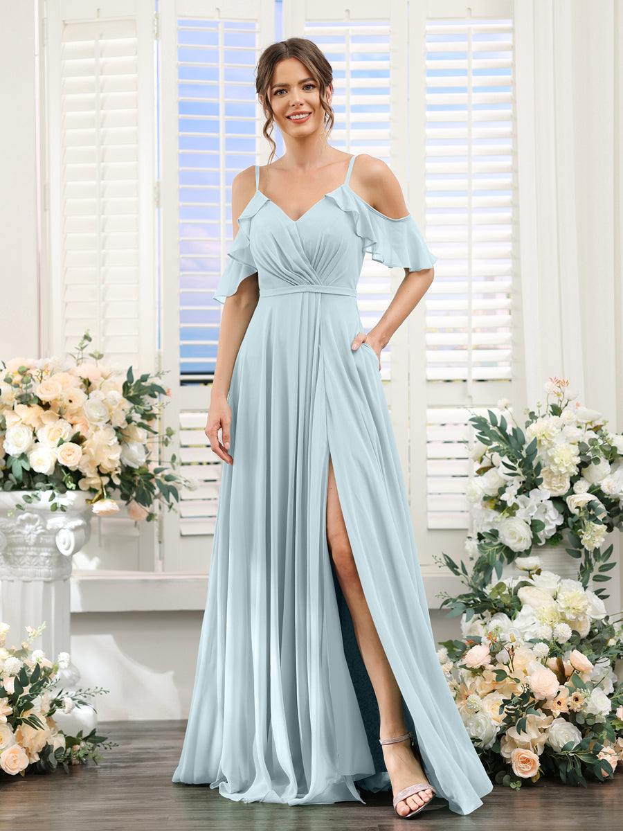 A-Line V-Neck Spaghetti Straps Short Sleeves Split Side Chiffon Bridesmaid Dresses