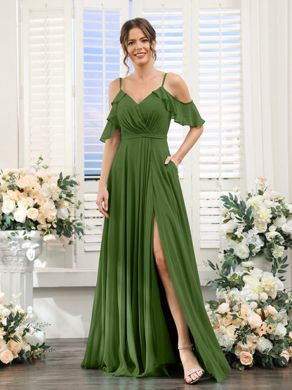 A-Line V-Neck Spaghetti Straps Short Sleeves Split Side Chiffon Bridesmaid Dresses