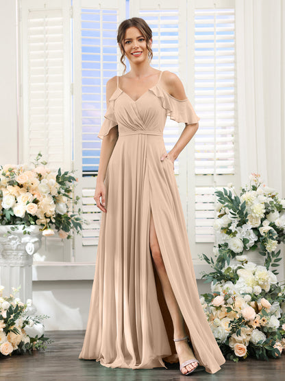 A-Line V-Neck Spaghetti Straps Short Sleeves Split Side Chiffon Bridesmaid Dresses