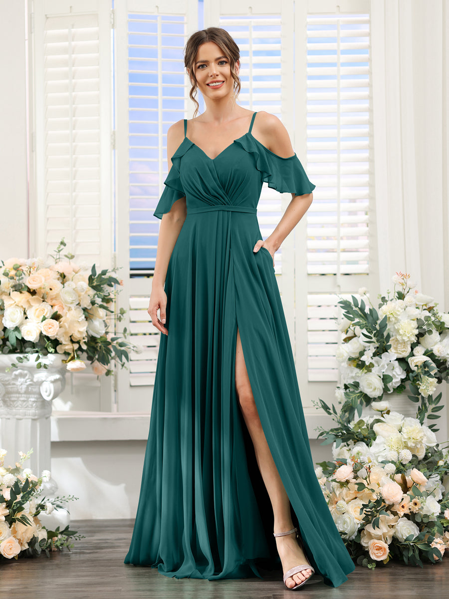 A-Line V-Neck Spaghetti Straps Short Sleeves Split Side Chiffon Bridesmaid Dresses