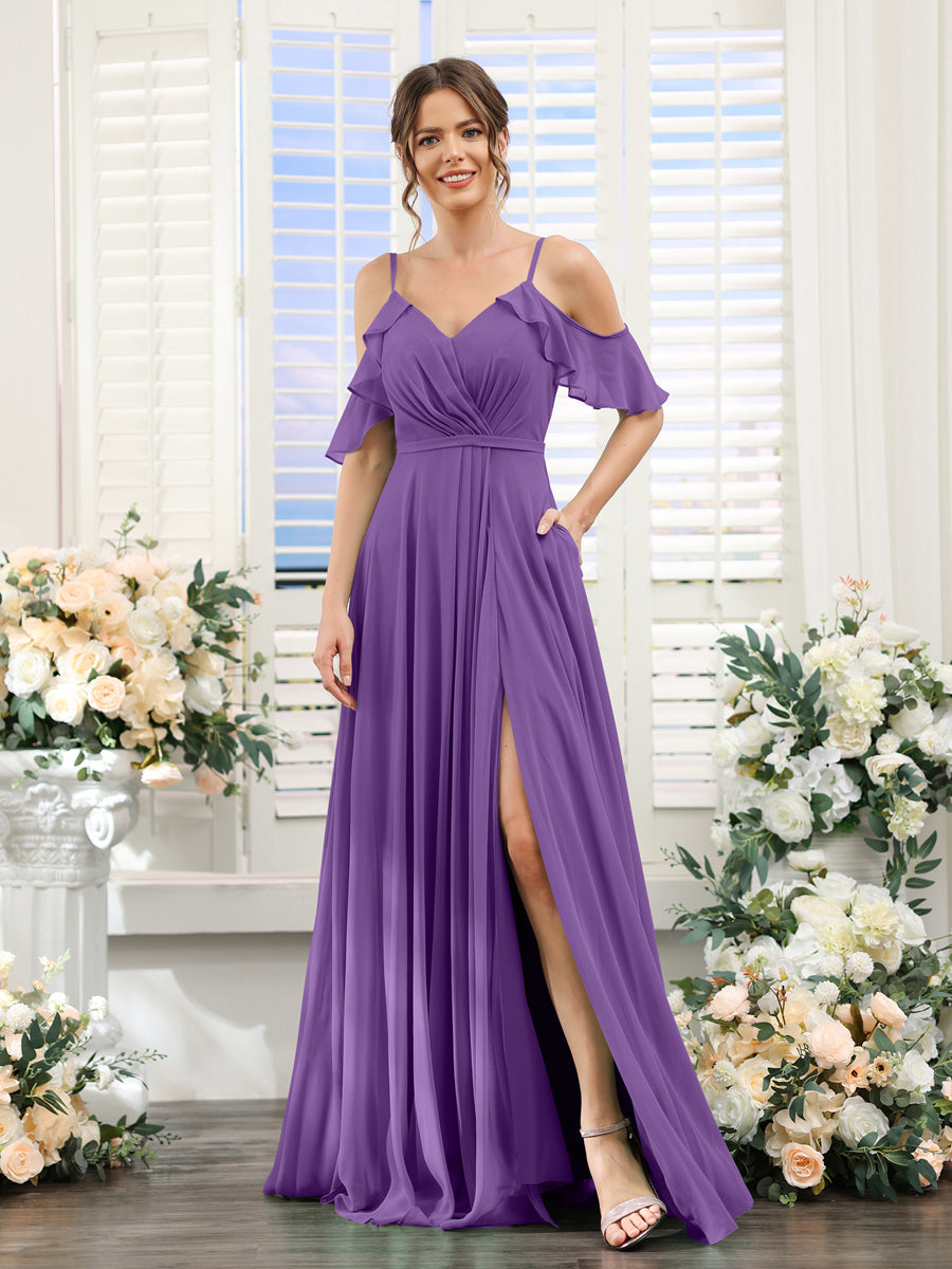 A-Line V-Neck Spaghetti Straps Short Sleeves Split Side Chiffon Bridesmaid Dresses