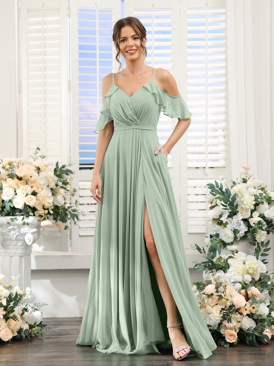 A-Line V-Neck Spaghetti Straps Short Sleeves Split Side Chiffon Bridesmaid Dresses