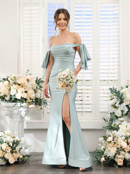 Mermaid Off-the-Shoulder Sleeveless Split Side Silk Satin Bridesmaid Dresses