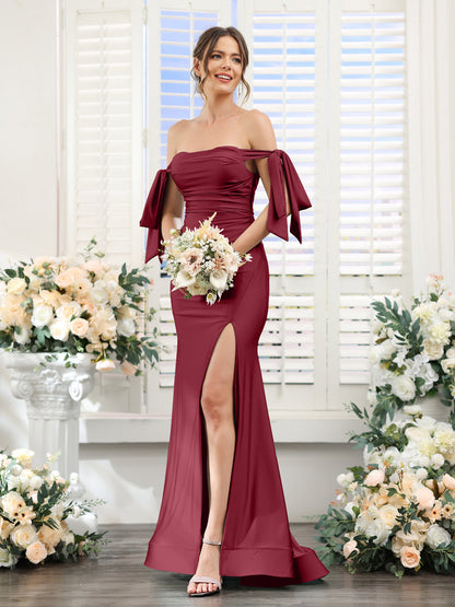 Mermaid Off-the-Shoulder Sleeveless Split Side Silk Satin Bridesmaid Dresses