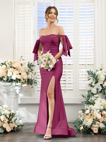 Mermaid Off-the-Shoulder Sleeveless Split Side Silk Satin Bridesmaid Dresses