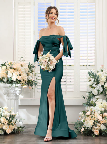 Mermaid Off-the-Shoulder Sleeveless Split Side Silk Satin Bridesmaid Dresses