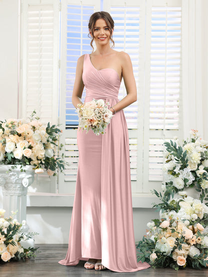 Sheath/Column One-Shoulder Sleeveless Ruched Silk Satin Bridesmaid Dresses