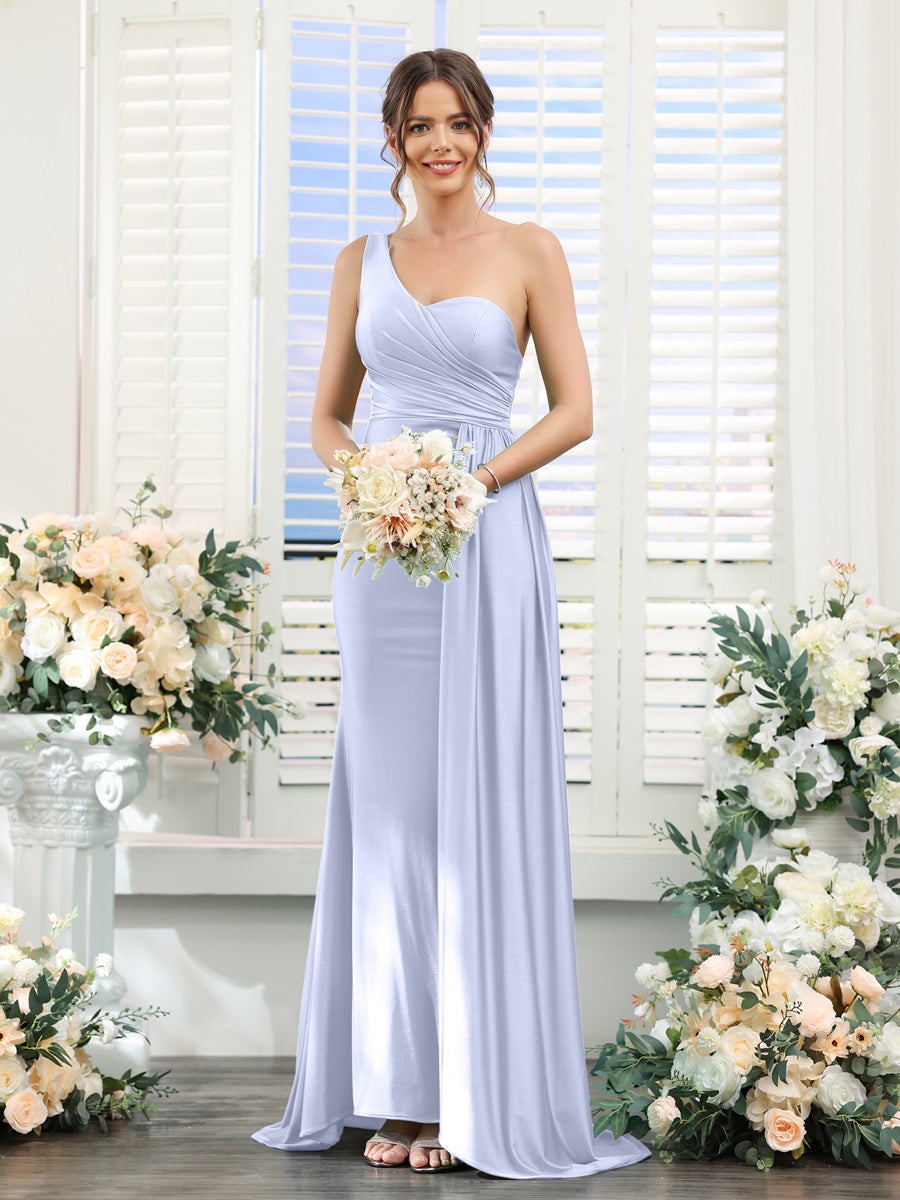 Sheath/Column One-Shoulder Sleeveless Ruched Silk Satin Bridesmaid Dresses