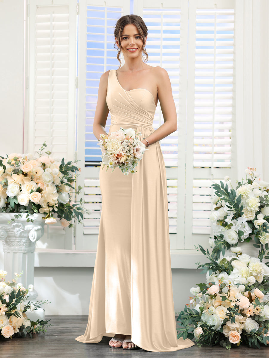 Sheath/Column One-Shoulder Sleeveless Ruched Silk Satin Bridesmaid Dresses