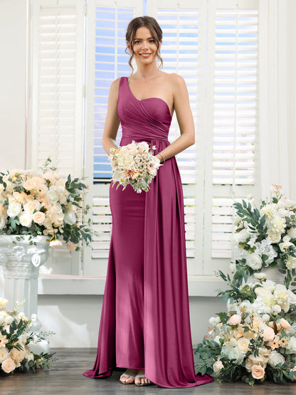 Sheath/Column One-Shoulder Sleeveless Ruched Silk Satin Bridesmaid Dresses