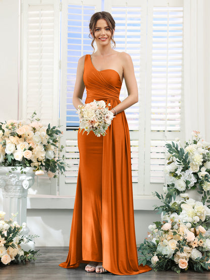 Sheath/Column One-Shoulder Sleeveless Ruched Silk Satin Bridesmaid Dresses