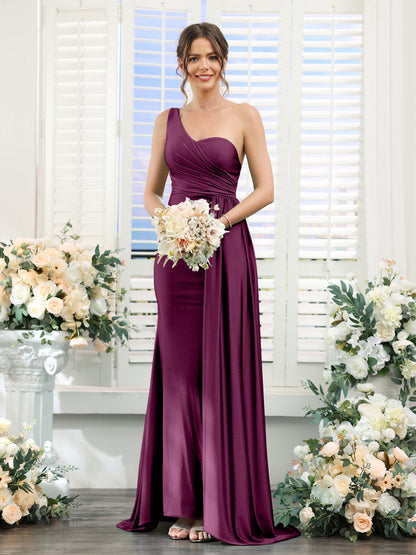 Sheath/Column One-Shoulder Sleeveless Ruched Silk Satin Bridesmaid Dresses