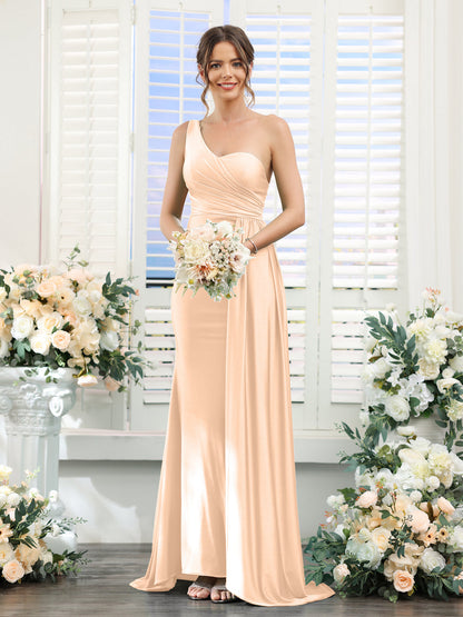 Sheath/Column One-Shoulder Sleeveless Ruched Silk Satin Bridesmaid Dresses