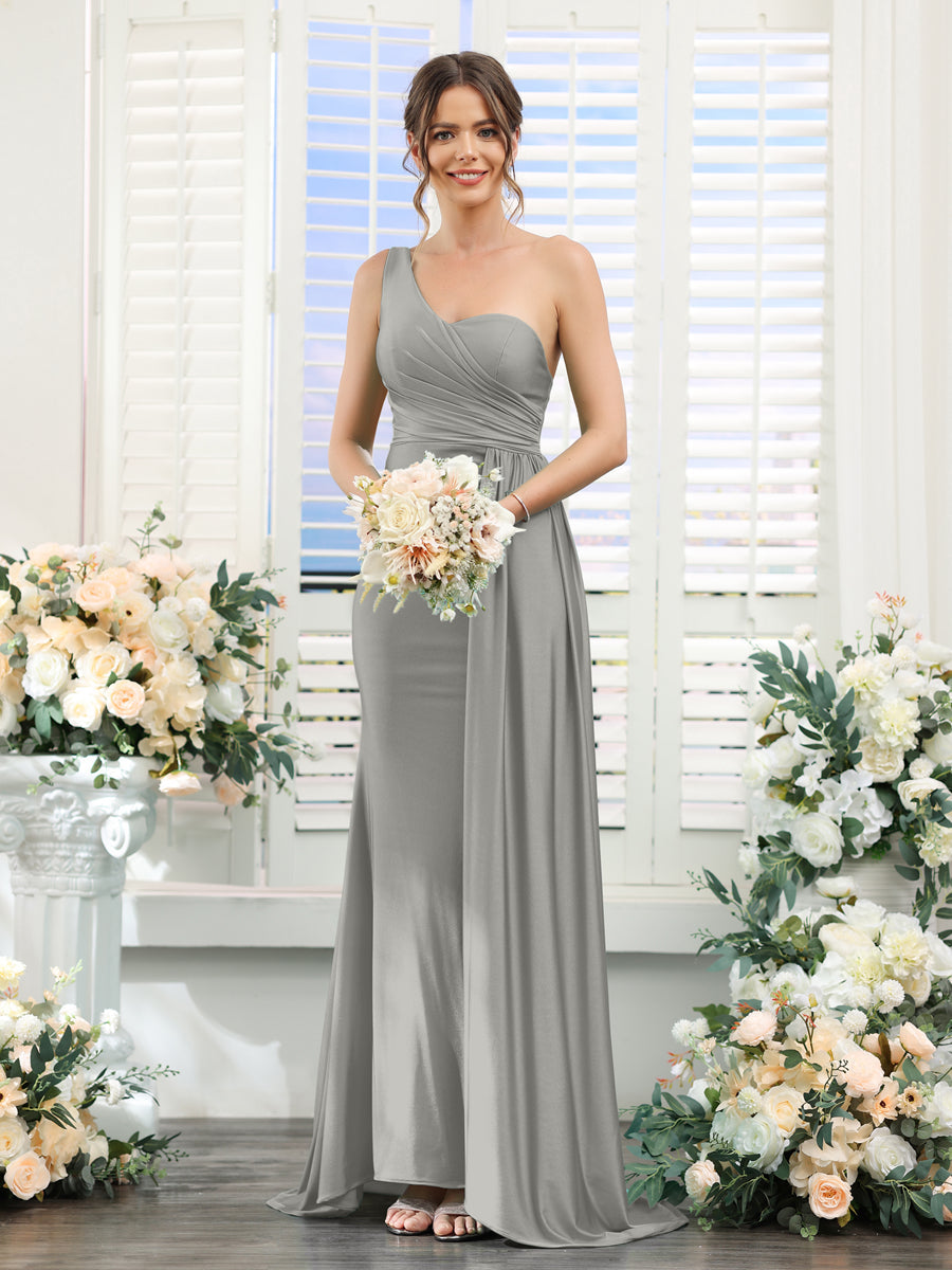 Sheath/Column One-Shoulder Sleeveless Ruched Silk Satin Bridesmaid Dresses