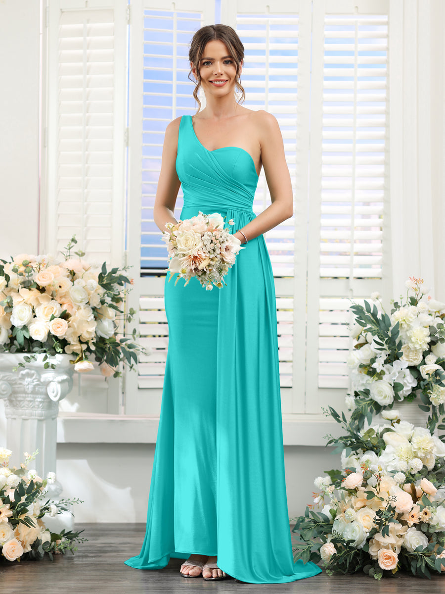 Sheath/Column One-Shoulder Sleeveless Ruched Silk Satin Bridesmaid Dresses