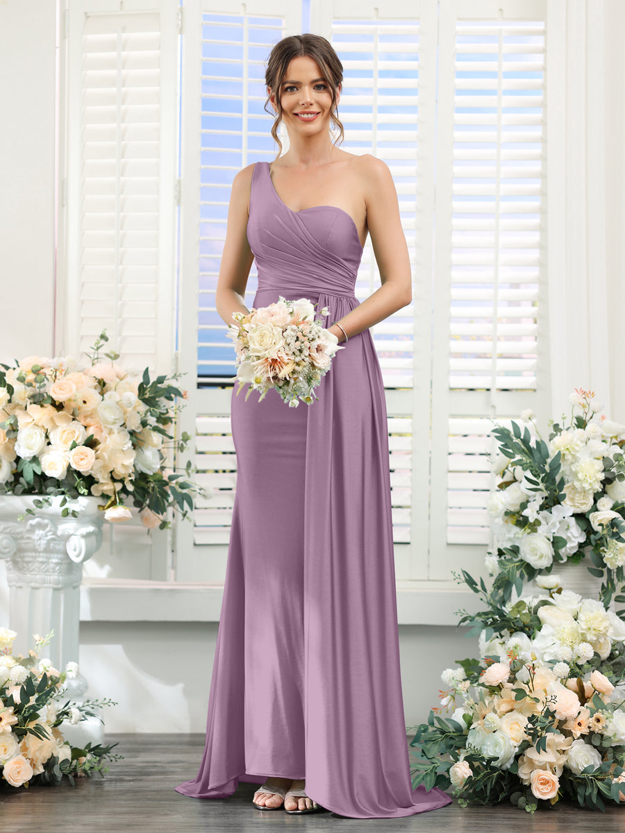 Sheath/Column One-Shoulder Sleeveless Ruched Silk Satin Bridesmaid Dresses