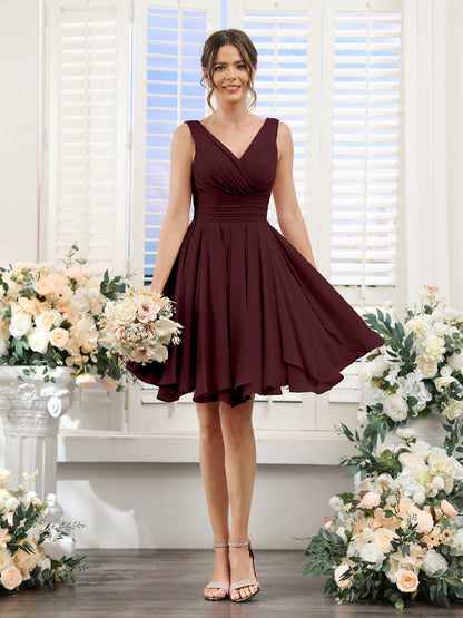 A-Line V-Neck Sleeveless Ruched Chiffon Short Bridesmaid Dresses