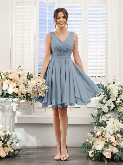 A-Line V-Neck Sleeveless Ruched Chiffon Short Bridesmaid Dresses