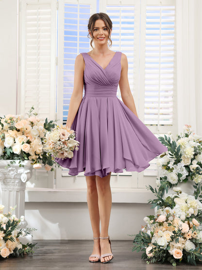 A-Line V-Neck Sleeveless Ruched Chiffon Short Bridesmaid Dresses