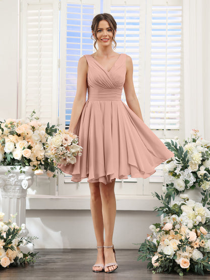 A-Line V-Neck Sleeveless Ruched Chiffon Short Bridesmaid Dresses