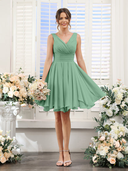 A-Line V-Neck Sleeveless Ruched Chiffon Short Bridesmaid Dresses