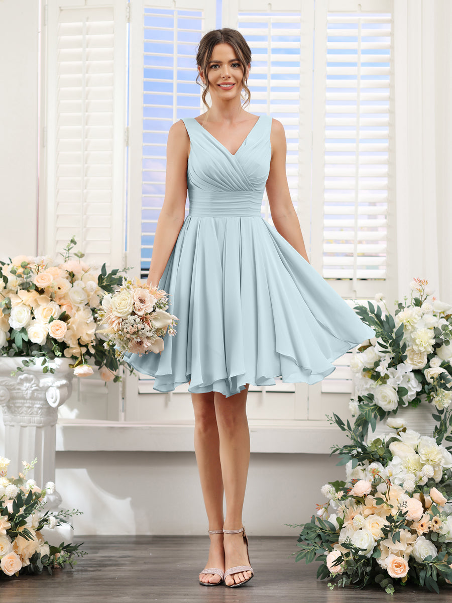 A-Line V-Neck Sleeveless Ruched Chiffon Short Bridesmaid Dresses