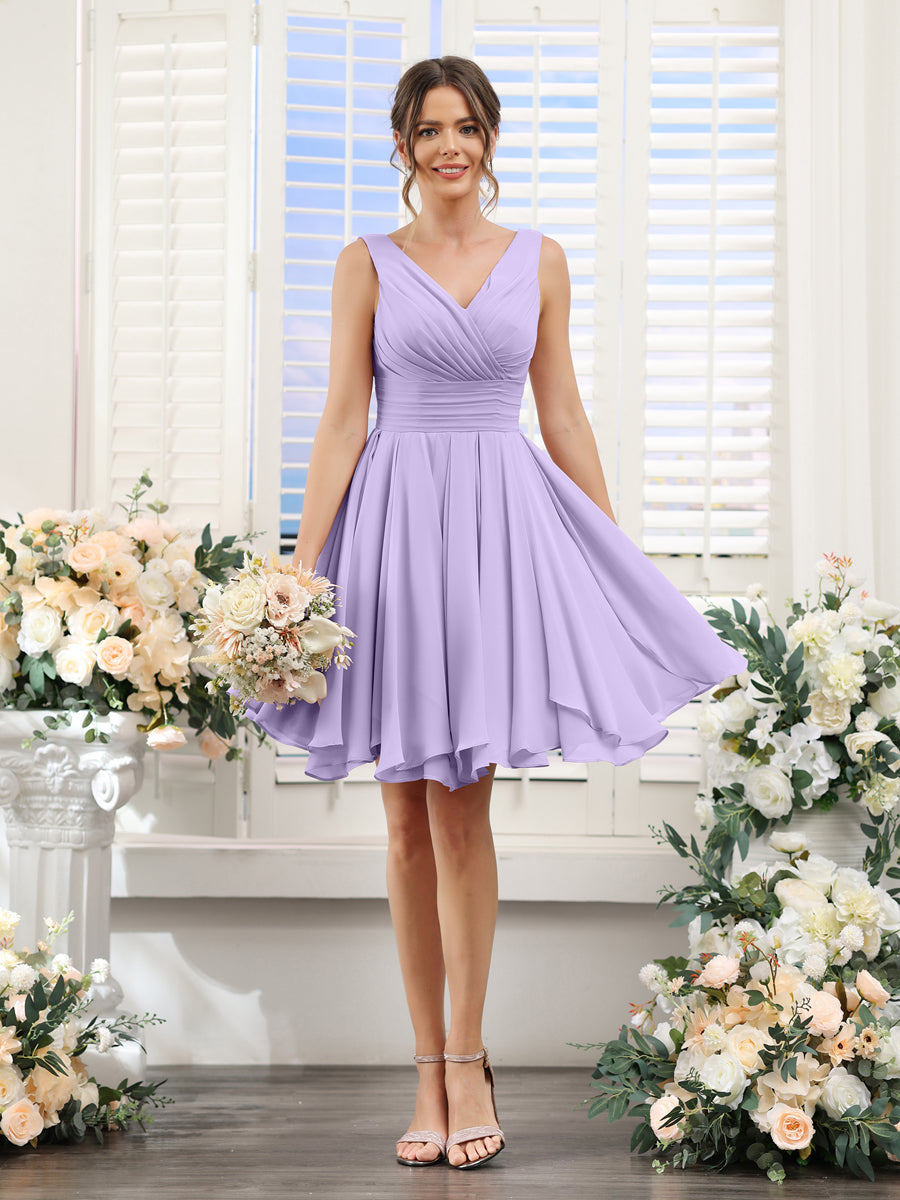 A-Line V-Neck Sleeveless Ruched Chiffon Short Bridesmaid Dresses