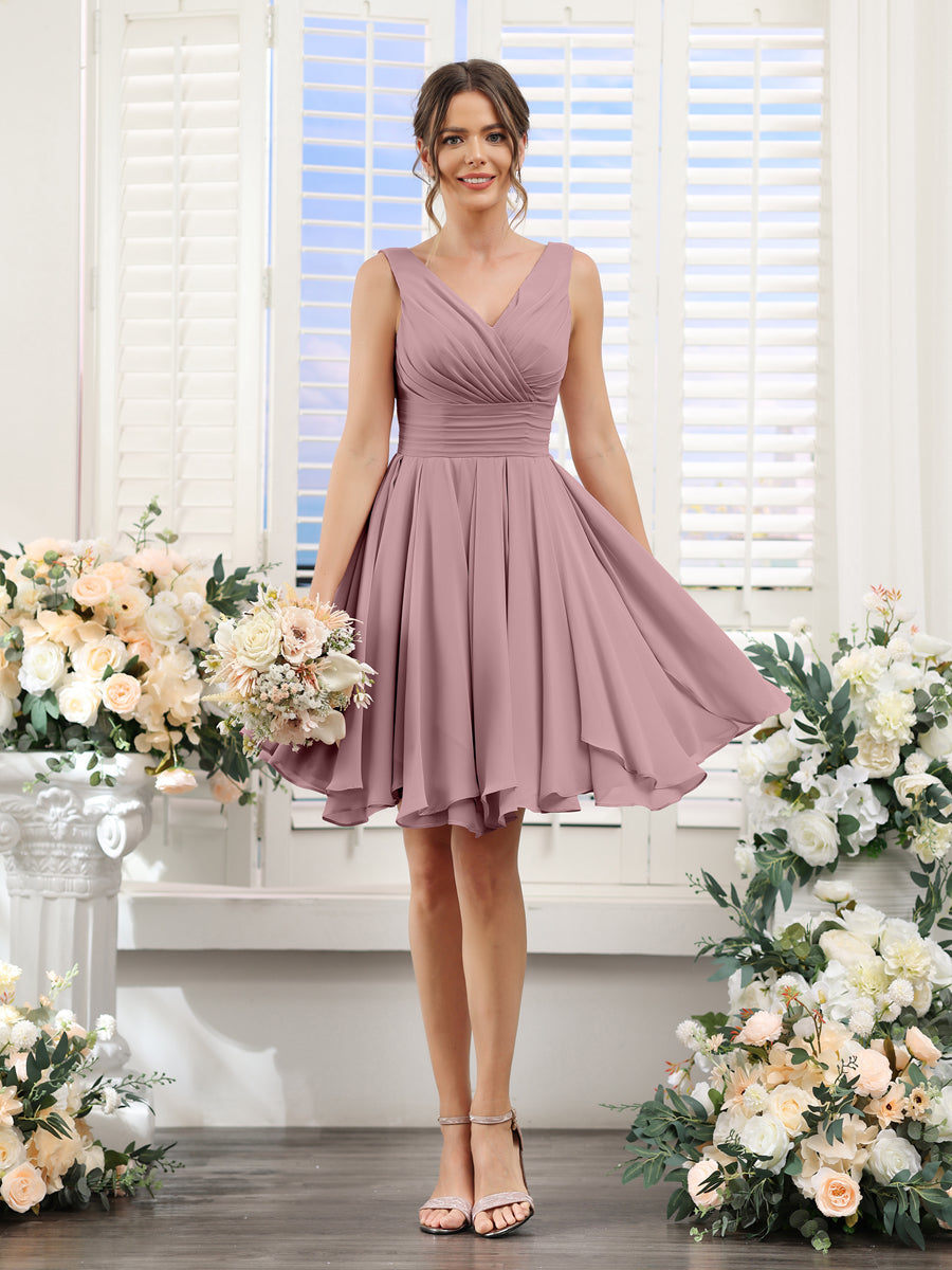 A-Line V-Neck Sleeveless Ruched Chiffon Short Bridesmaid Dresses