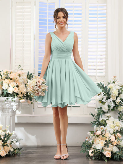 A-Line V-Neck Sleeveless Ruched Chiffon Short Bridesmaid Dresses