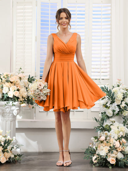 A-Line V-Neck Sleeveless Ruched Chiffon Short Bridesmaid Dresses