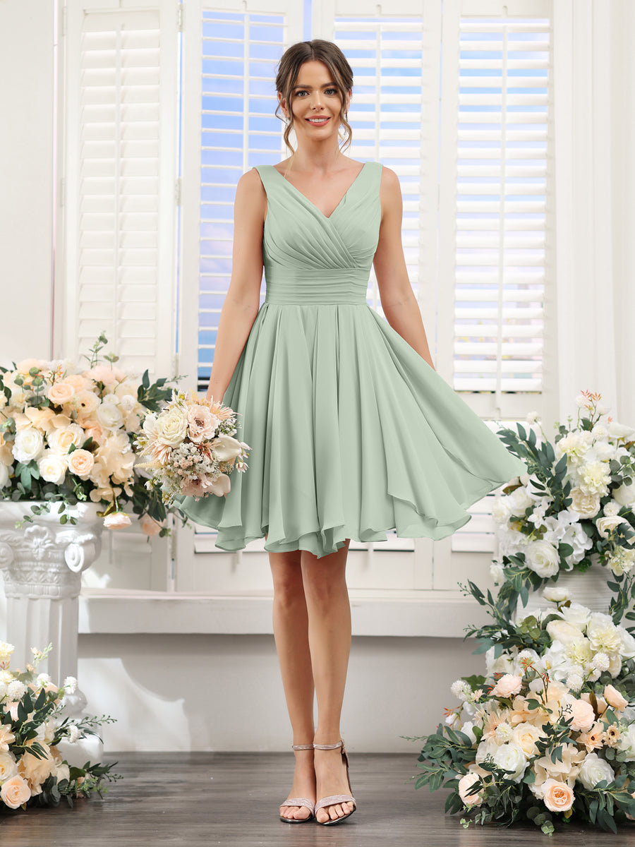 A-Line V-Neck Sleeveless Ruched Chiffon Short Bridesmaid Dresses