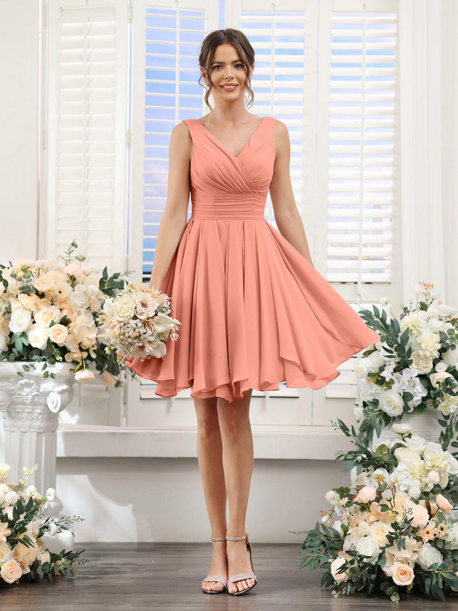 A-Line V-Neck Sleeveless Ruched Chiffon Short Bridesmaid Dresses