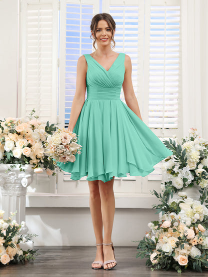 A-Line V-Neck Sleeveless Ruched Chiffon Short Bridesmaid Dresses