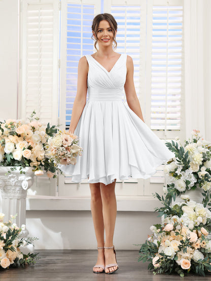 A-Line V-Neck Sleeveless Ruched Chiffon Short Bridesmaid Dresses