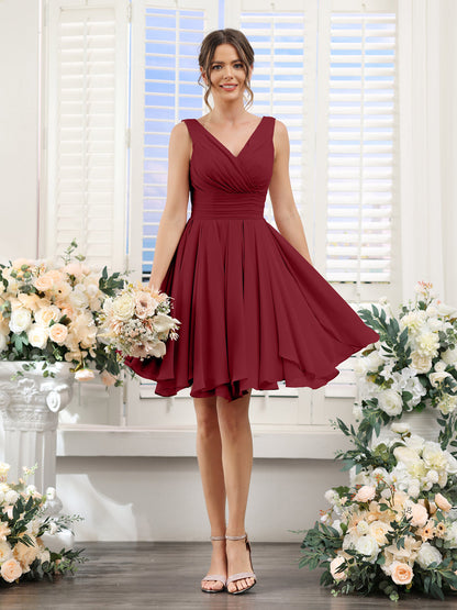 A-Line V-Neck Sleeveless Ruched Chiffon Short Bridesmaid Dresses