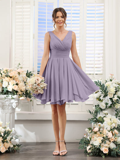 A-Line V-Neck Sleeveless Ruched Chiffon Short Bridesmaid Dresses