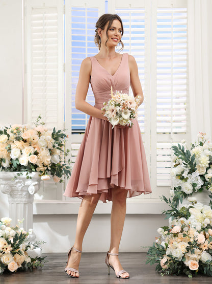 A-Line V-Neck Ruched Sleeveless Short Chiffon Bridesmaid Dresses