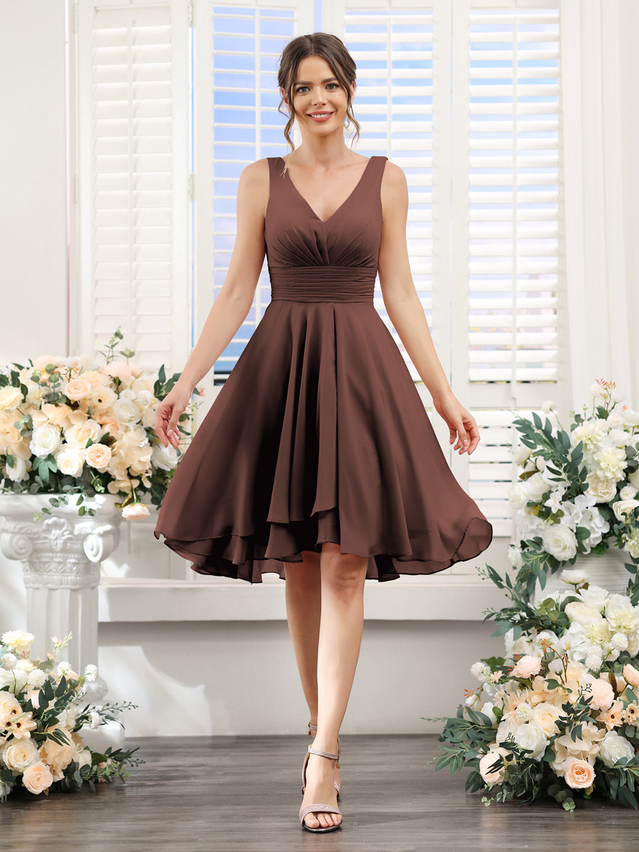 A-Line V-Neck Ruched Sleeveless Short Chiffon Bridesmaid Dresses